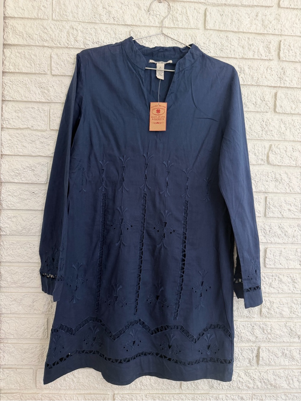 Lucky Brand Navy Embroidered Cutout Long-Sleeve Tunic Dress